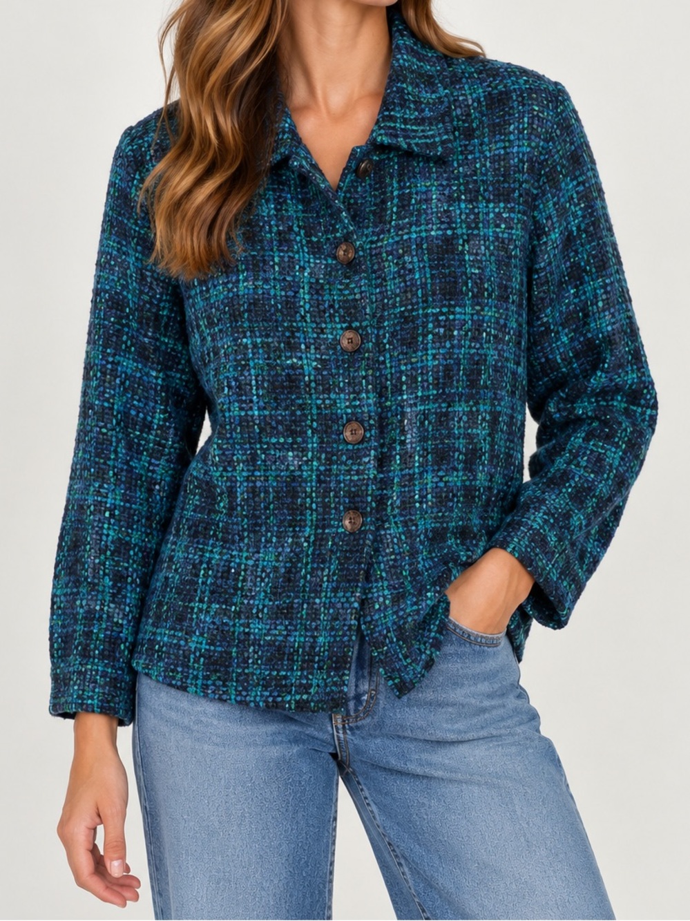 French Laundry Tweed Shacket Button Down Woven Shirt Turquoise Blue Large